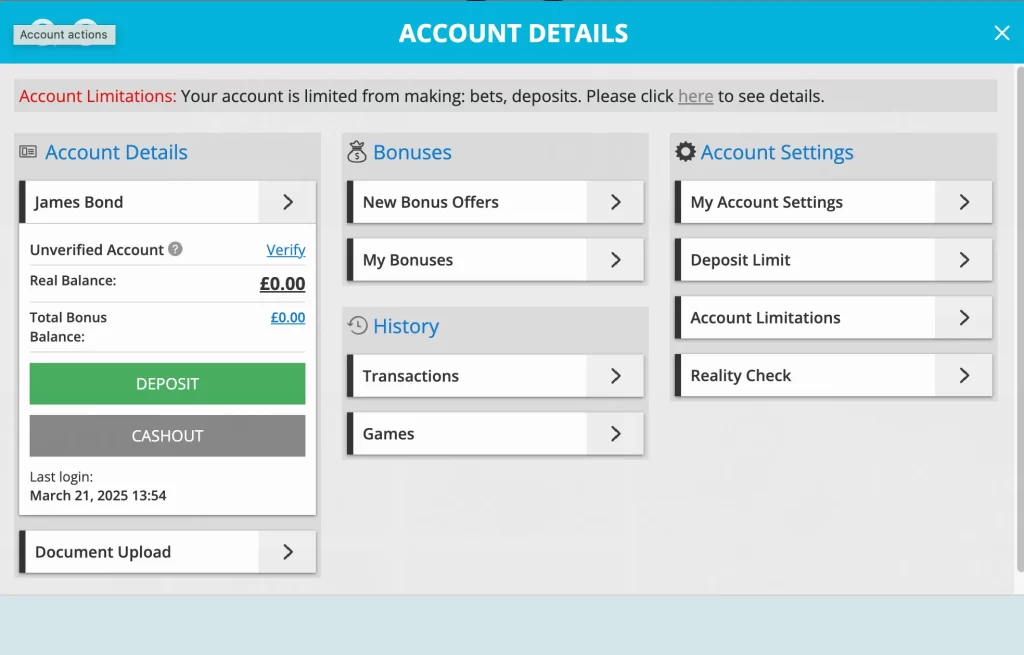Mr Play account page details